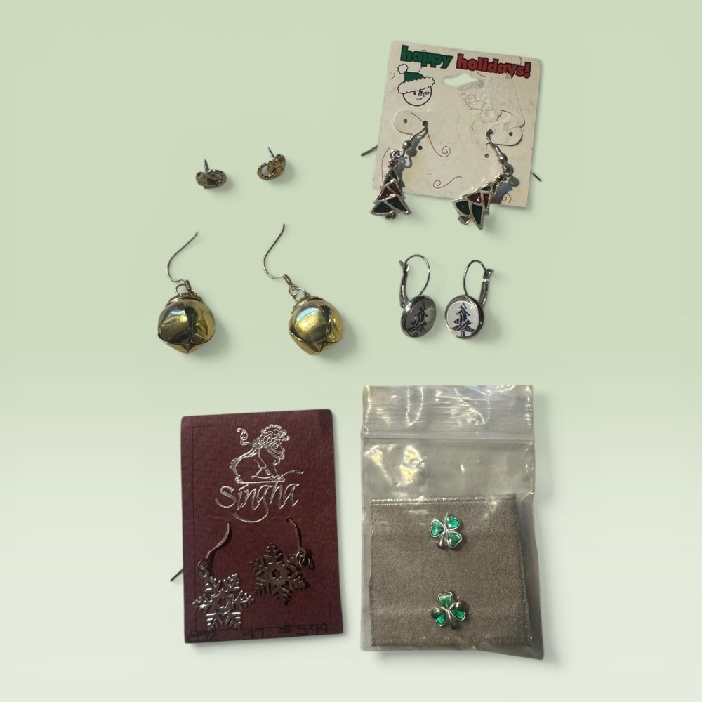 Share Festive Holiday Earrings Lot 7 Pairs Christmas Snowflake Bells Tree Clover